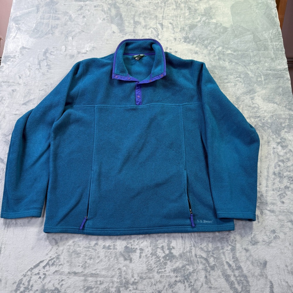 LL Bean Fleece Pullover Mens XXL Tall Teal Blue Snap Neck Pocket Jacket 0BFC5